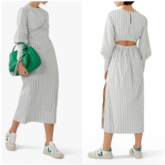 STAUD Striped Long-Sleeve Midi Dress in White and Gray - Picture 2 of 11